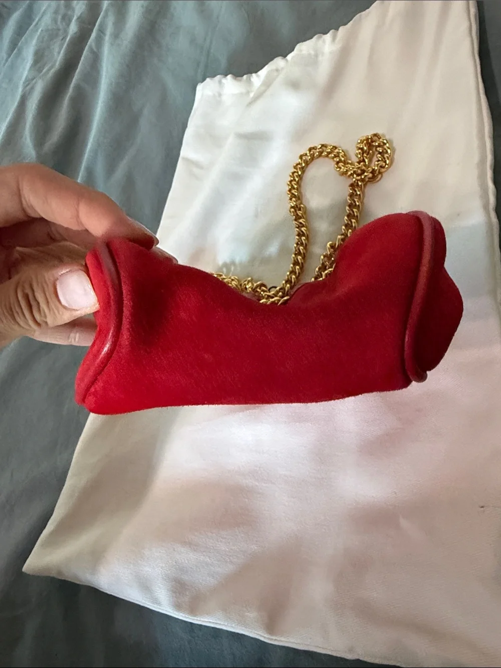Philosophy di Lorenzo Serafini Red Suede Mini Bucket Bag w Gold Chain / Wristlet